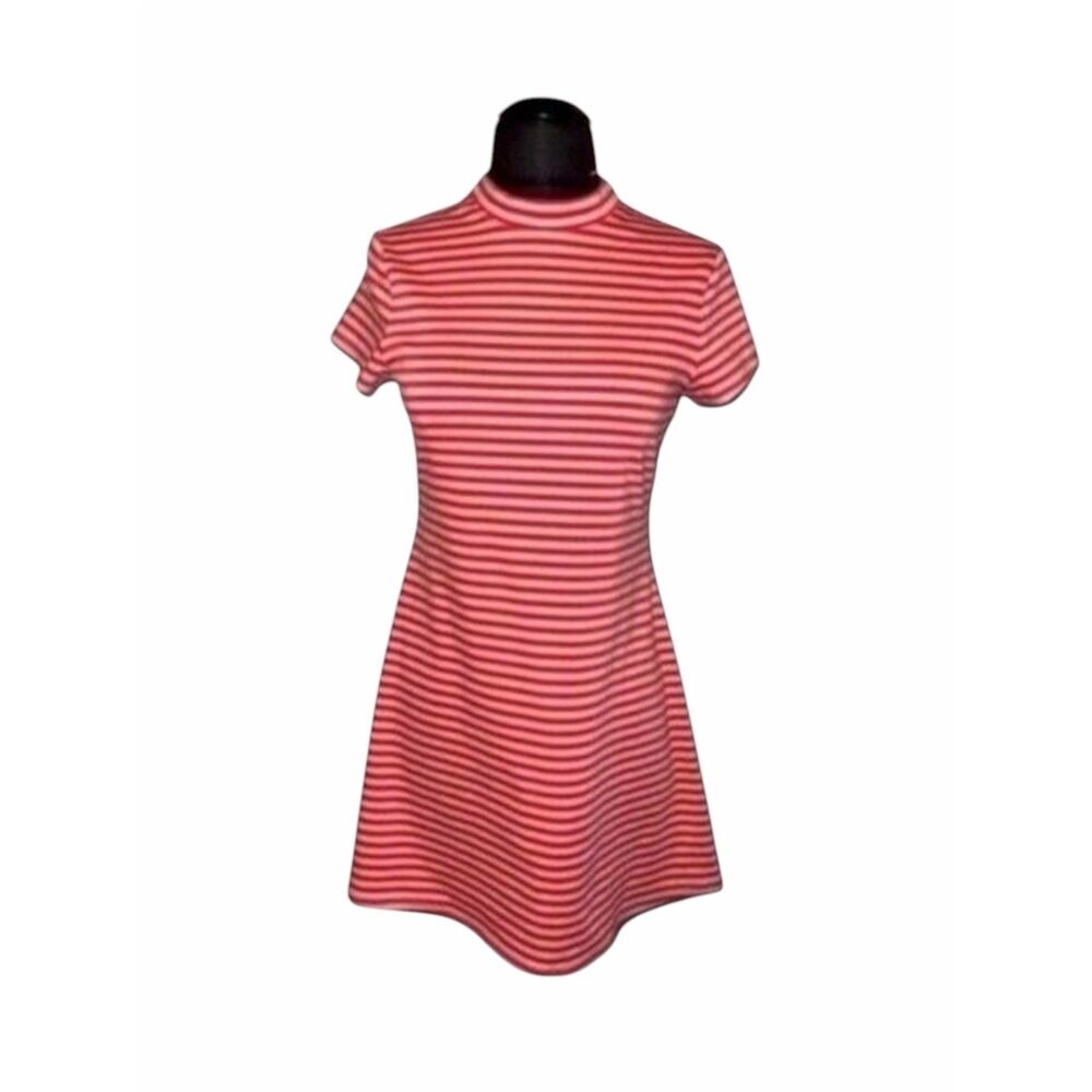 Free People Orange and White Striped Mock Neck Short Sleeve A-Line Mini Dress sz